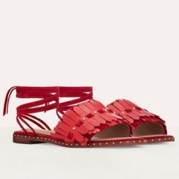 Maje Red Studded Suede Trimmed Fringed Sandals - Picture 1 of 16